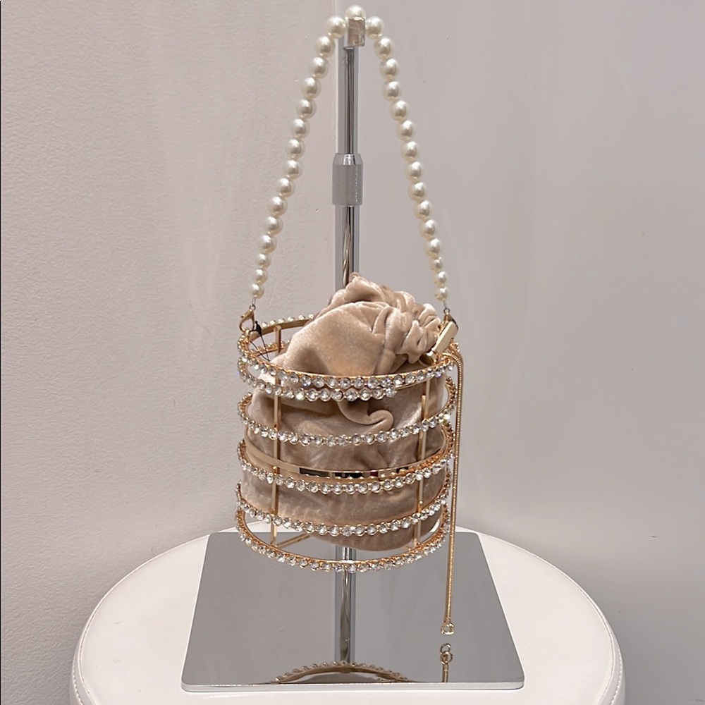 Rhinestone & Pearl Metal Frame Clutch - Tube Nude